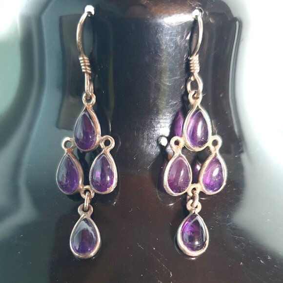 Gorgeous Vintage Victorian 8ct Natural Amethyst Cabochon Chandelier Earrings - Picture 4 of 11
